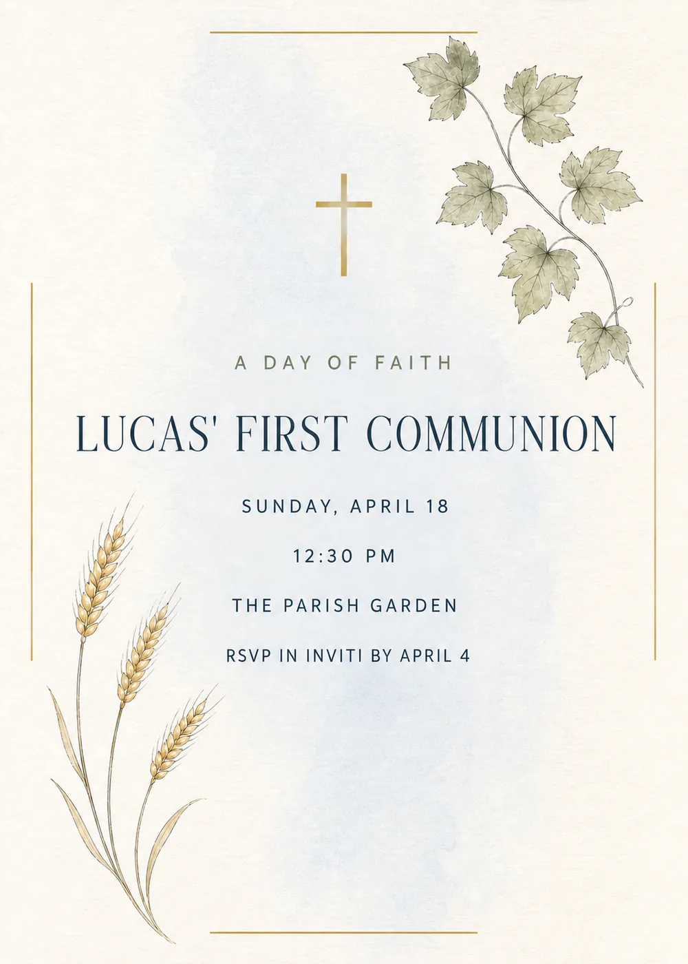 First Communion invitation with a slender gold cross above a pale blue watercolor wash, a vine of sage grape leaves at the upper right, three golden wheat stalks at the lower left and thin gold rules on off-white paper