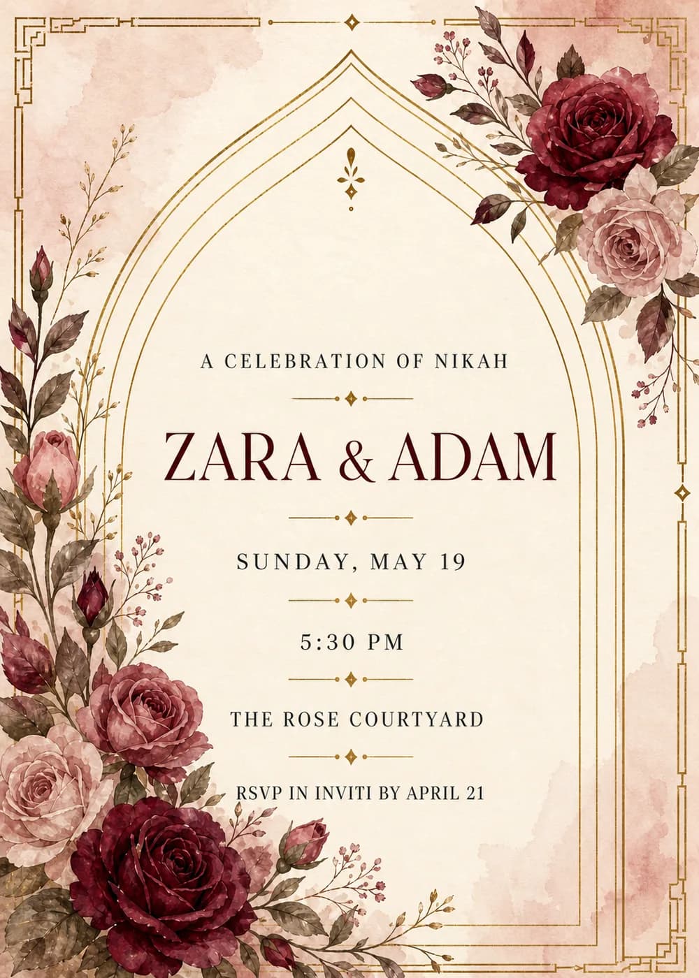 Nikah wedding invitation with watercolor burgundy and blush roses at the upper right and lower left, around a tall gold pointed arch and a geometric gold border on ivory with soft blush washes