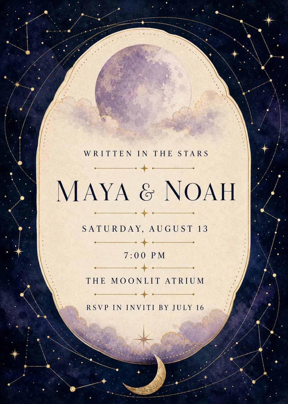 Celestial wedding invitation with gold constellations and stars on midnight navy around a cream oval with a lavender moon, clouds and a gold crescent