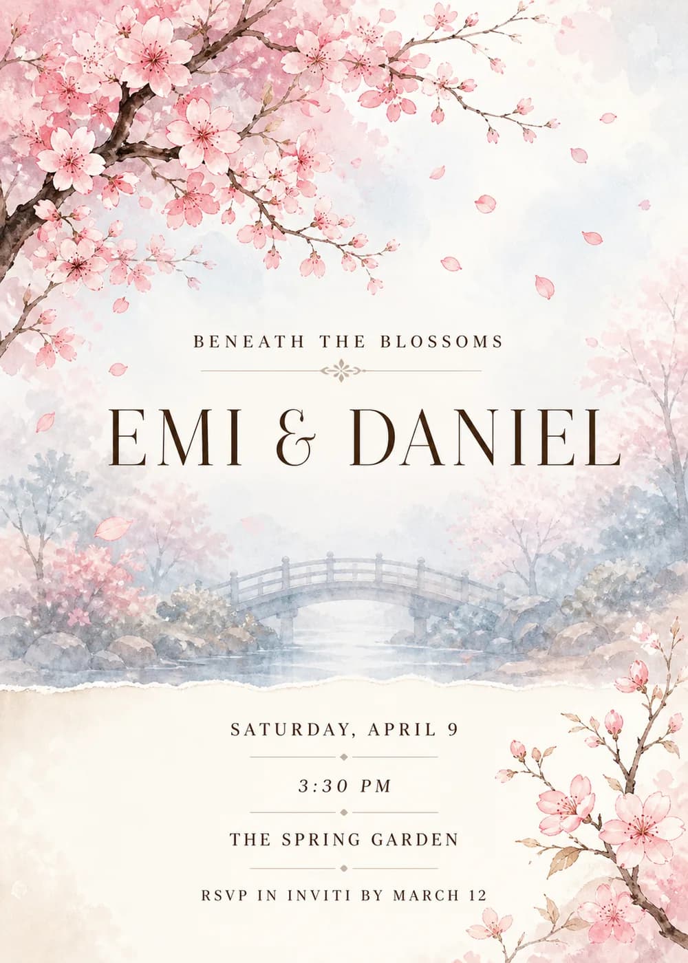 Spring wedding invitation in delicate watercolor with pink cherry-blossom branches and drifting petals around a misty blue arched bridge, and a torn-edged ivory paper panel below