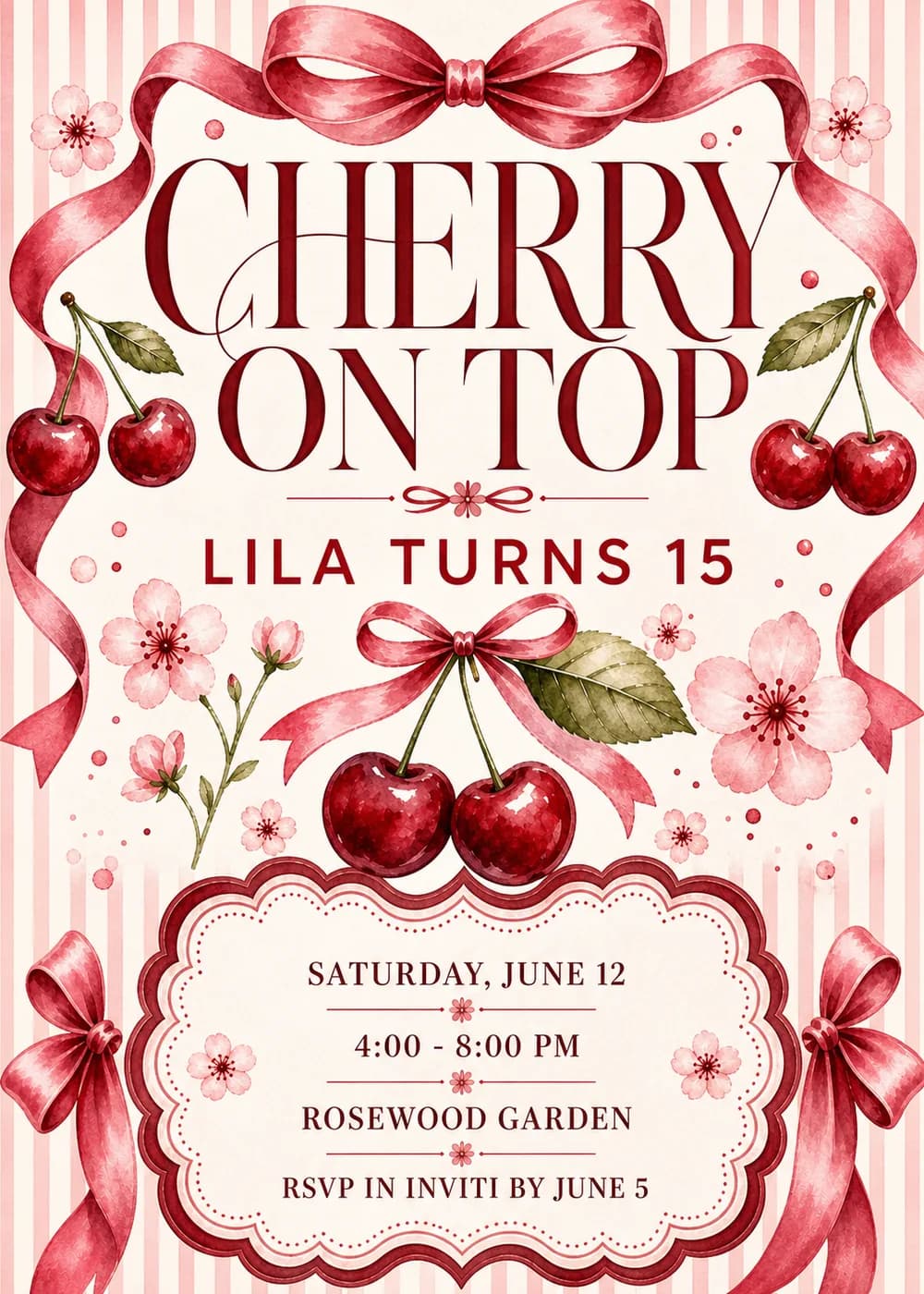 Cherry on Top teen birthday invitation with a large cherry-red serif headline and a sans-serif name line framed by a pink satin bow and looping ribbons, with watercolor cherry pairs, pink cherry blossoms and the party details in a scalloped plaque, on cream edged with pale pink stripes