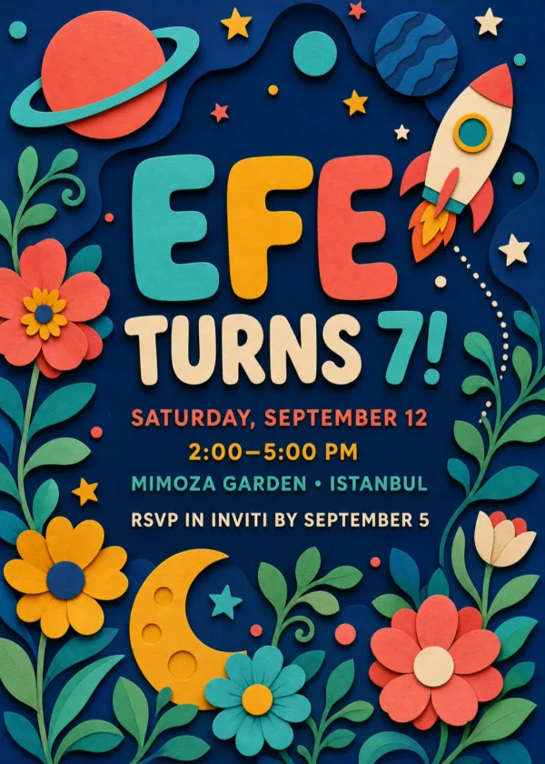 Colorful cosmic garden seventh birthday invitation
