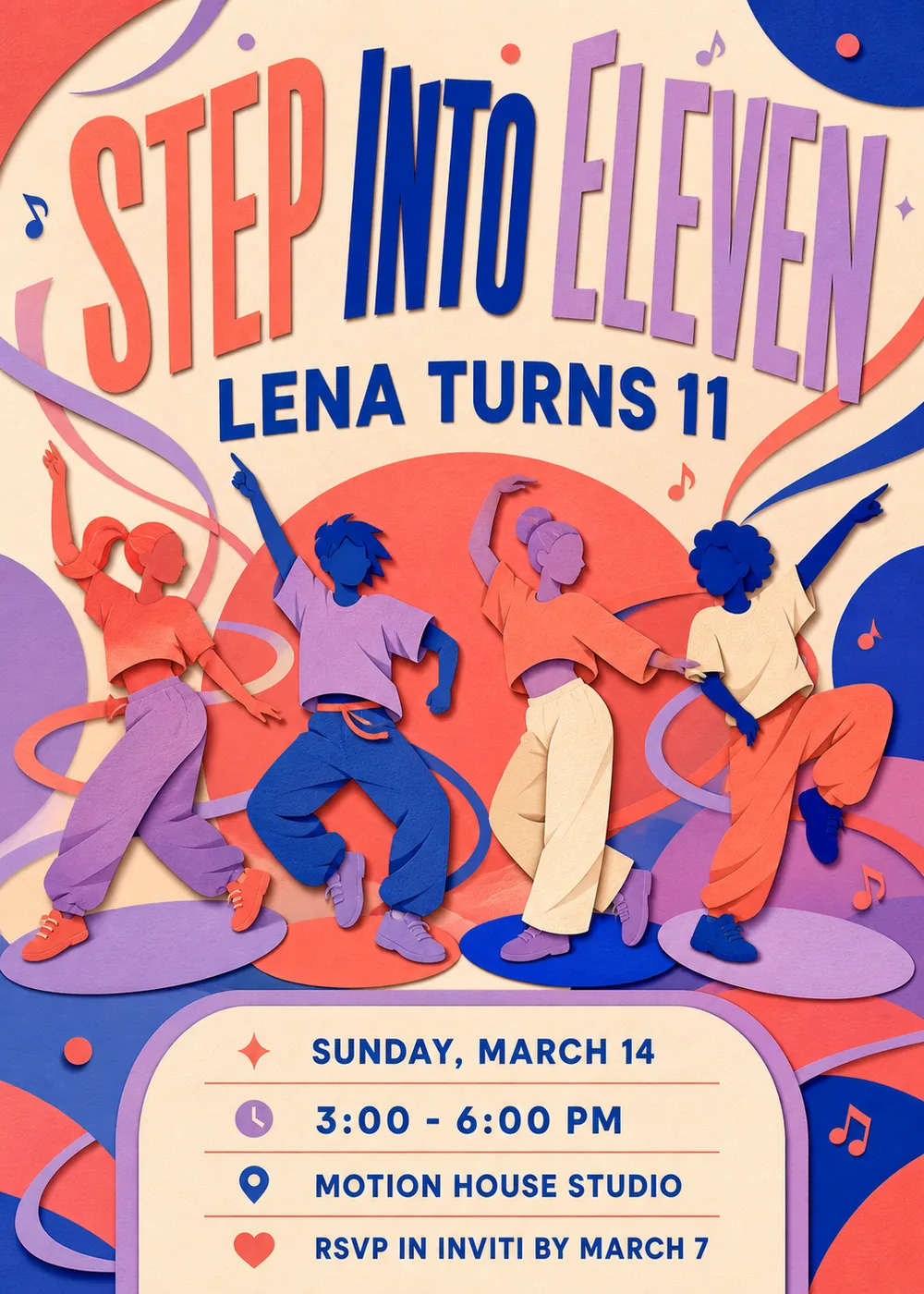 Step Into Eleven dance birthday invitation with four cut-paper dancers mid-move on colored floor spots, curling ribbons and music notes under a coral, cobalt and lilac headline, and a cream details panel on warm cream