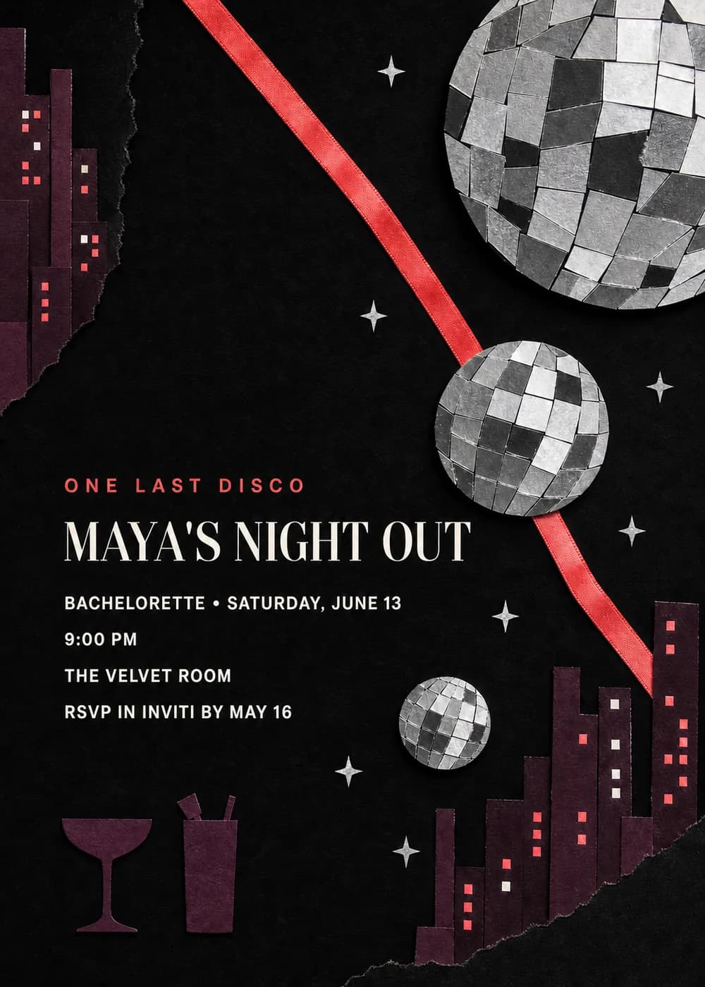 One Last Disco bachelorette invitation with silver mirrored disco balls, a coral ribbon, a torn plum city skyline and cocktail silhouettes on black