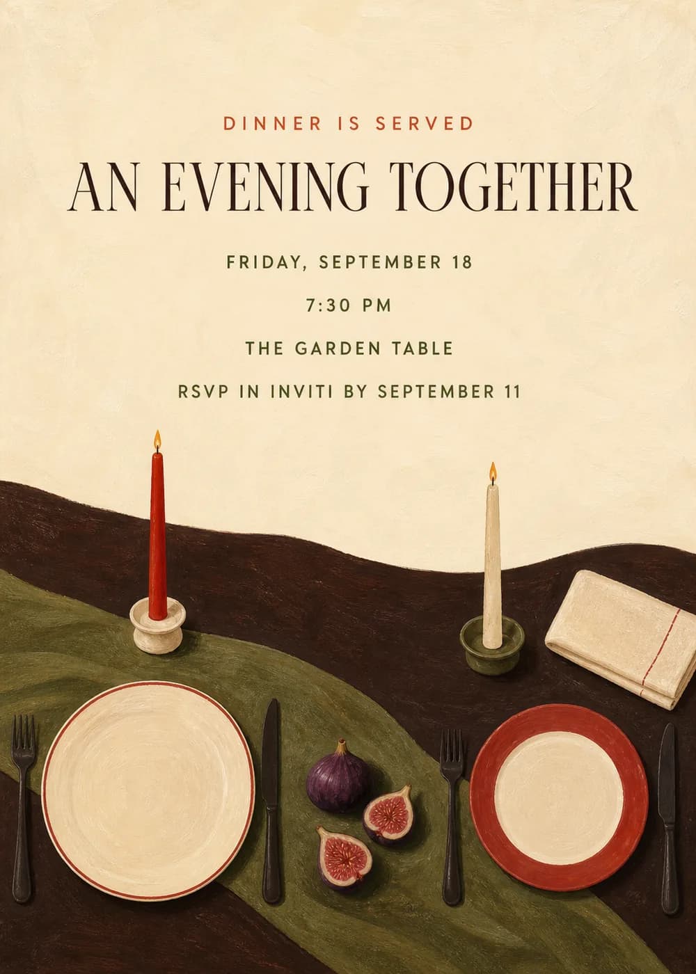 An Evening Together dinner party invitation with a tall espresso serif headline on cream paper above a painted table of red and ivory taper candles, red-rimmed plates, dark cutlery, purple figs and a folded linen napkin on an olive runner