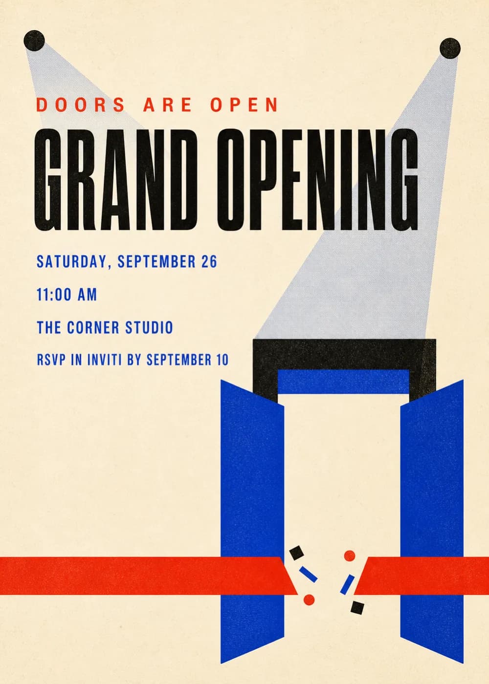 Grand Opening invitation in bold poster style with a huge black condensed headline, two spotlights, open cobalt blue doors and a red ribbon with confetti