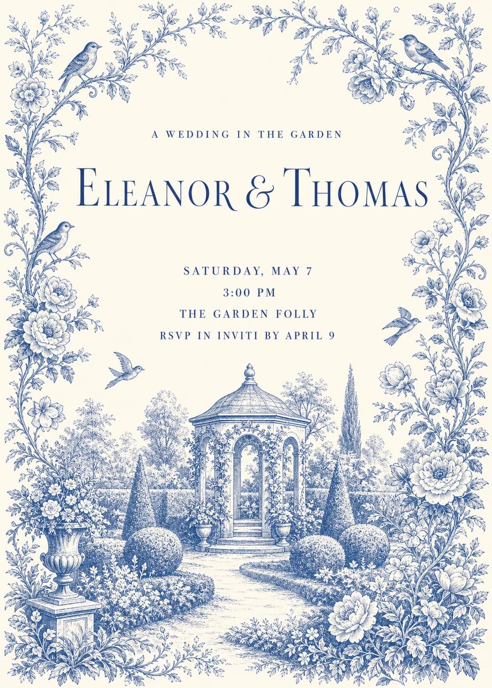 Wedding invitation engraved in blue toile on warm ivory, with rose vines and songbirds framing the names above a domed garden pavilion, clipped topiary, urns and a garden path