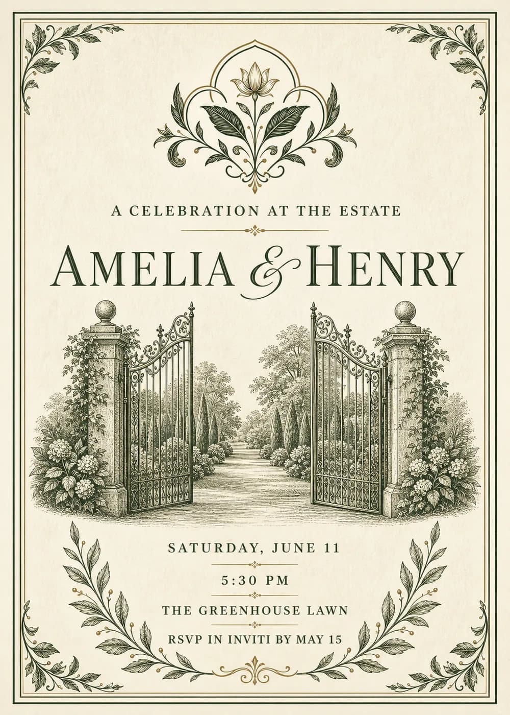 Estate Crest wedding invitation in fine-line vintage engraving with a botanical crest above open wrought-iron gates, a garden path and a double ruled border