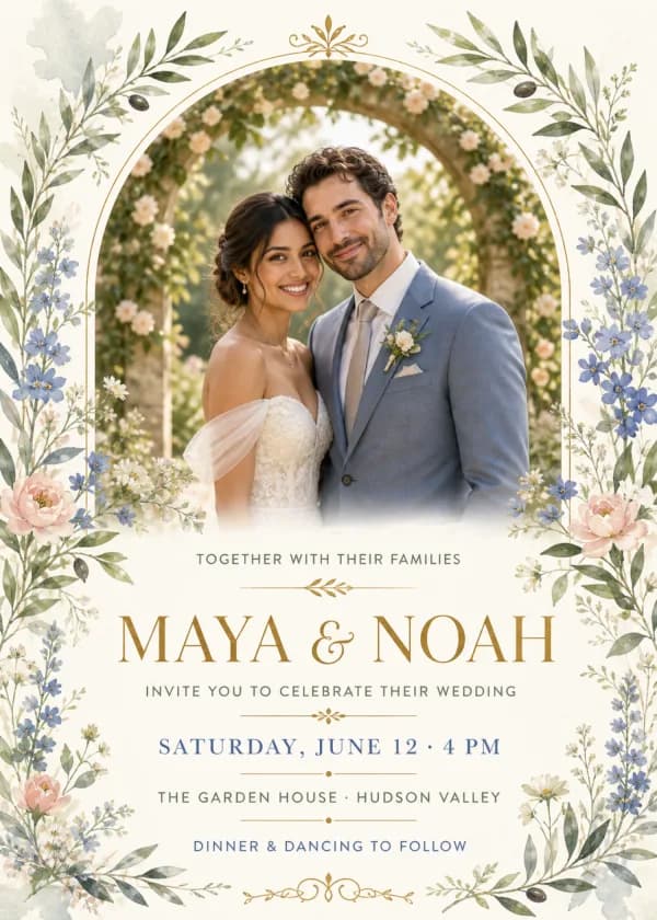 Garden arch wedding invitation with a fictional couple portrait
