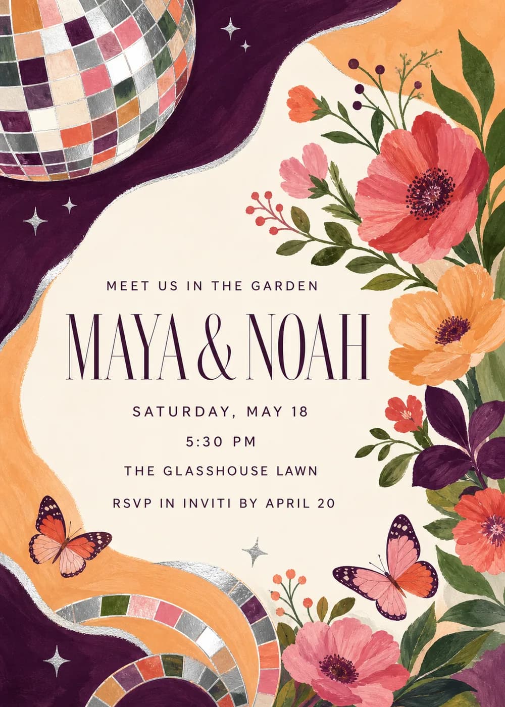 Garden disco wedding invitation with a mirrored disco ball, coral and peach poppies, butterflies and flowing plum and orange bands