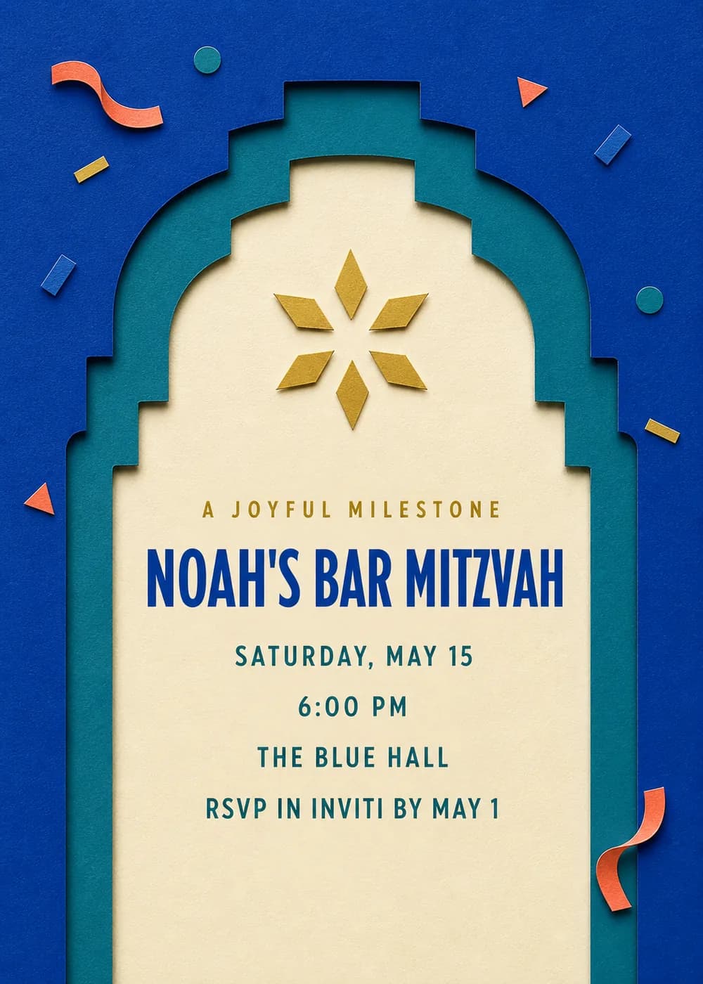Bar Mitzvah invitation in dimensional cut paper with a layered teal stepped arch on cobalt paper opening onto a cream panel, six gold diamond petals above bold cobalt lettering, and coral ribbon confetti, teal paper dots and small paper shapes