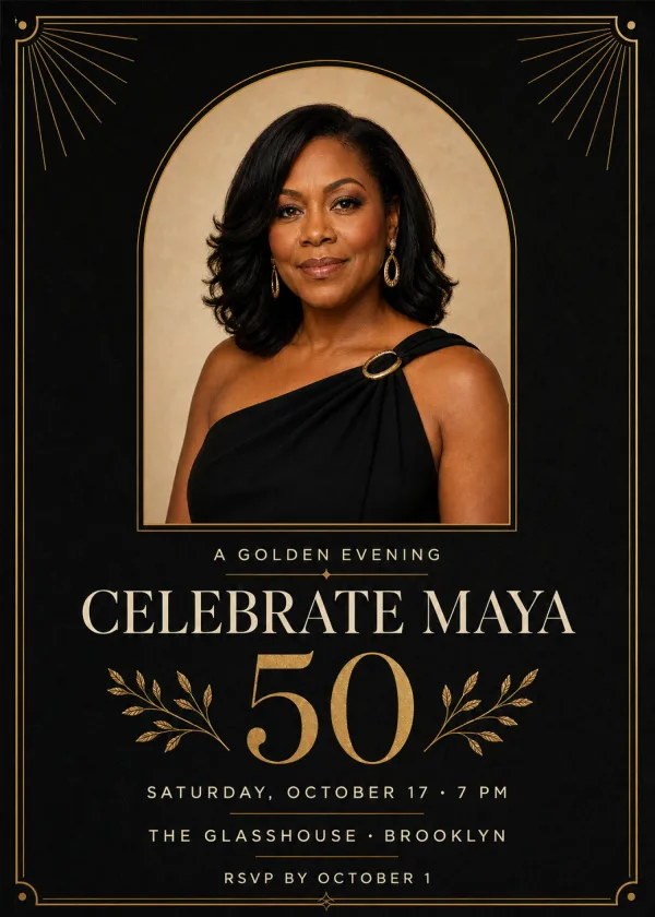 Editorial fiftieth birthday invitation with a fictional portrait subject