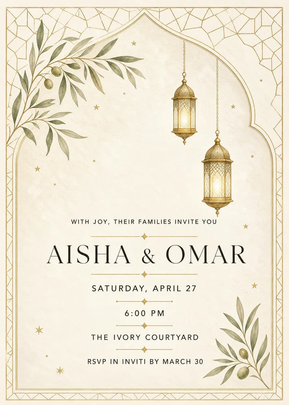 Ivory and gold Nikah wedding invitation with two hanging gold lanterns, olive branches and small gold stars inside a pointed arch with a geometric gold border