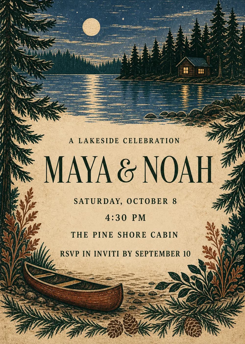 Woodcut-style wedding invitation with a full moon over a lake, a small cabin with lit windows among pine trees, and a wooden canoe, rust ferns and pinecones around forest-green lettering on aged parchment