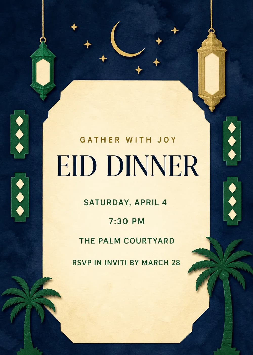 Eid dinner invitation with a gold crescent moon, hanging green and gold lanterns, palm trees and geometric borders around an ivory arch on navy