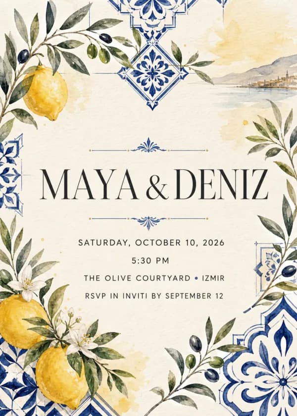Mediterranean citrus wedding invitation with lemons and blue tile details