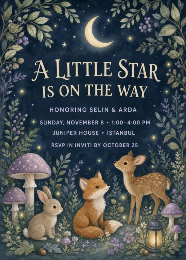 Moonlit woodland baby shower invitation with rabbits and botanical details