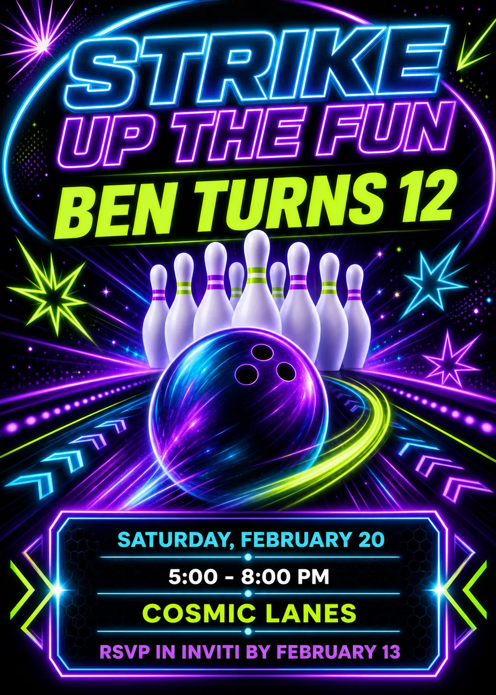 Strike Up the Fun bowling birthday invitation with glowing cyan and violet outline lettering, a lime name line, white bowling pins and a purple bowling ball with a lime light trail on a neon lane, and the party details in a neon-framed panel on black