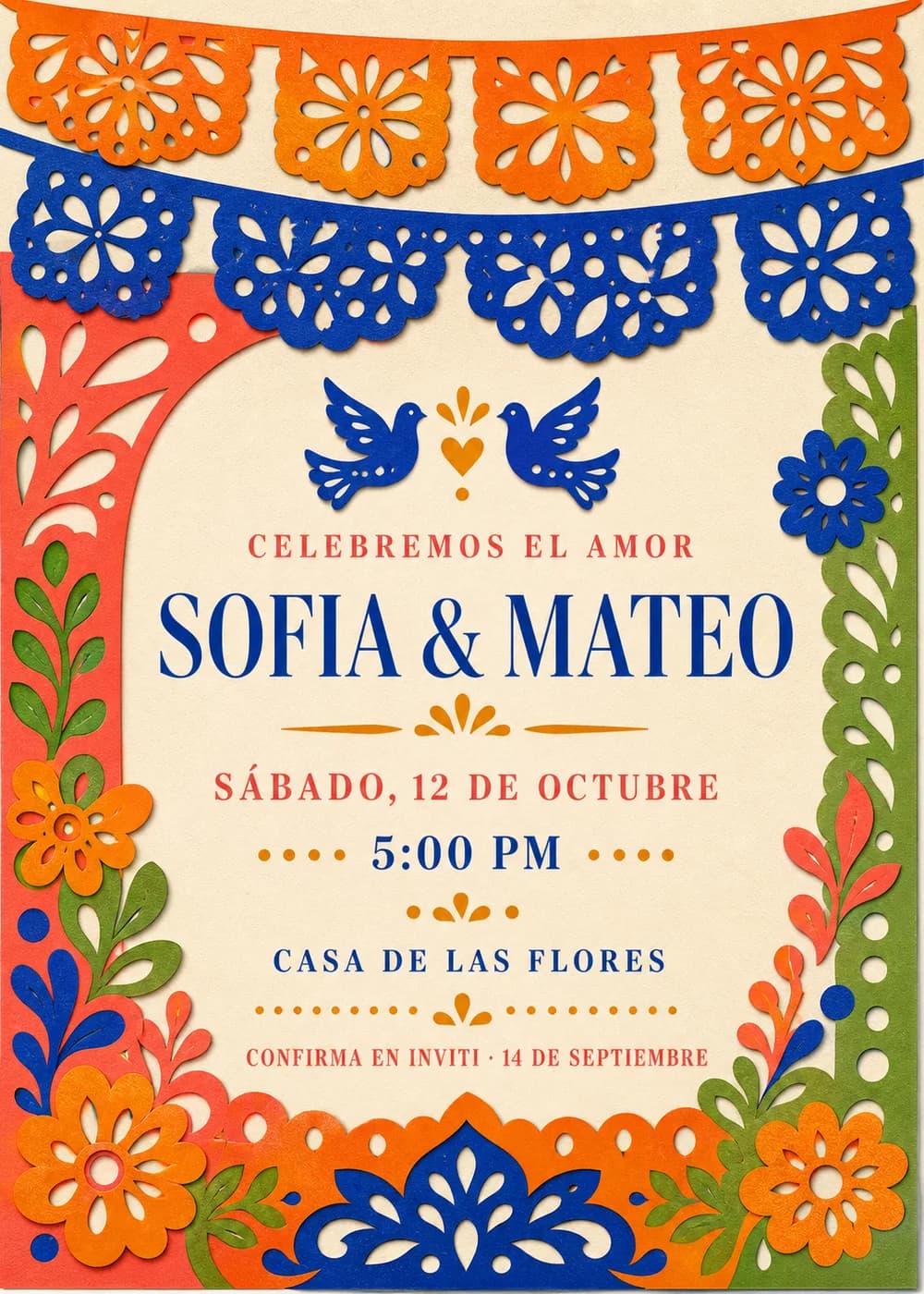 Wedding invitation with marigold and cobalt papel picado banners across the top, two blue doves facing a small marigold heart above cobalt serif names, and coral, green and marigold cut-paper flowers and leaves framing Spanish wording on warm cream