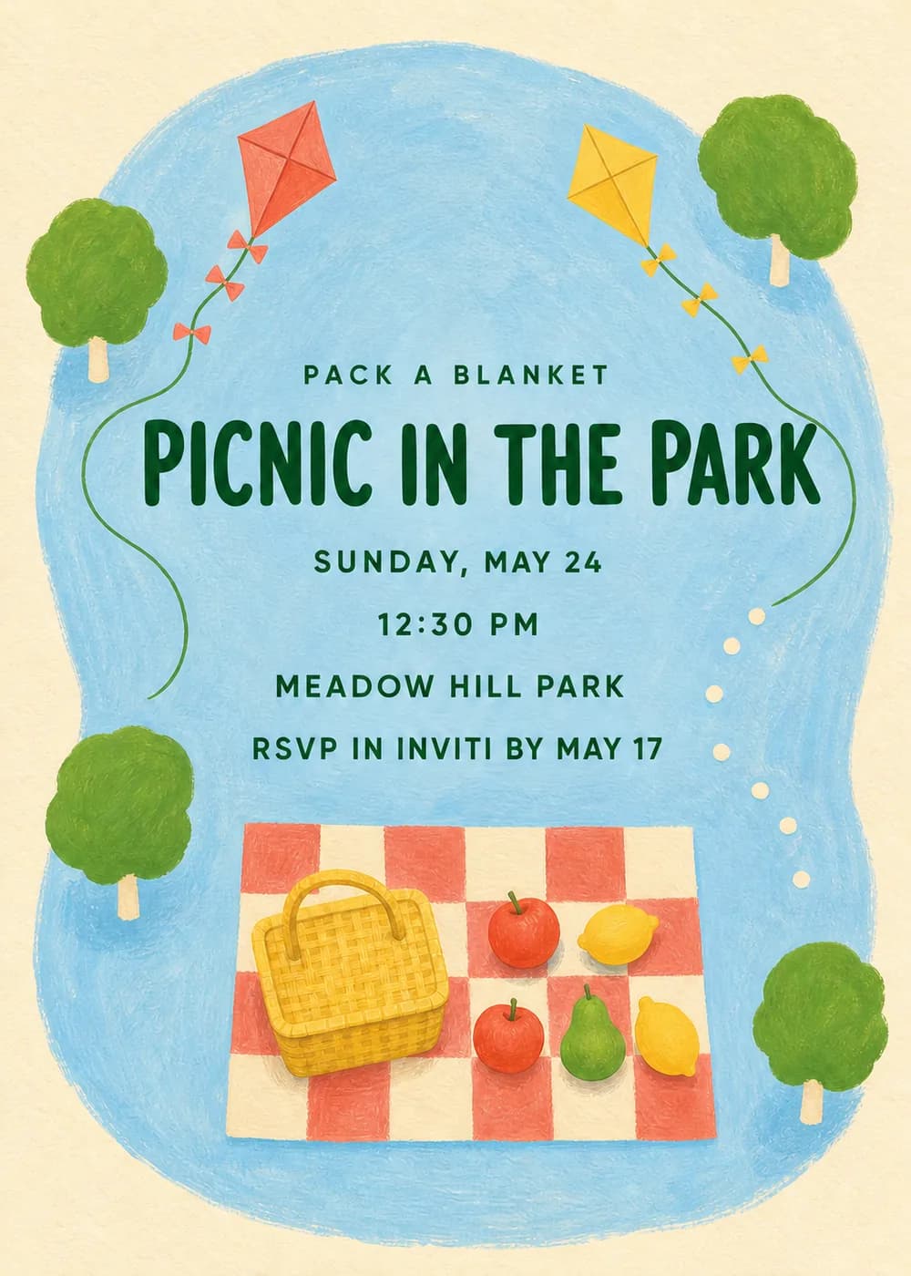 Picnic in the Park invitation with rounded deep-green lettering on a large wavy sky-blue shape, a coral kite and a yellow kite on long green strings, round green trees and a woven yellow basket with apples, lemons and a pear on a coral-and-cream checked blanket, all on warm cream paper