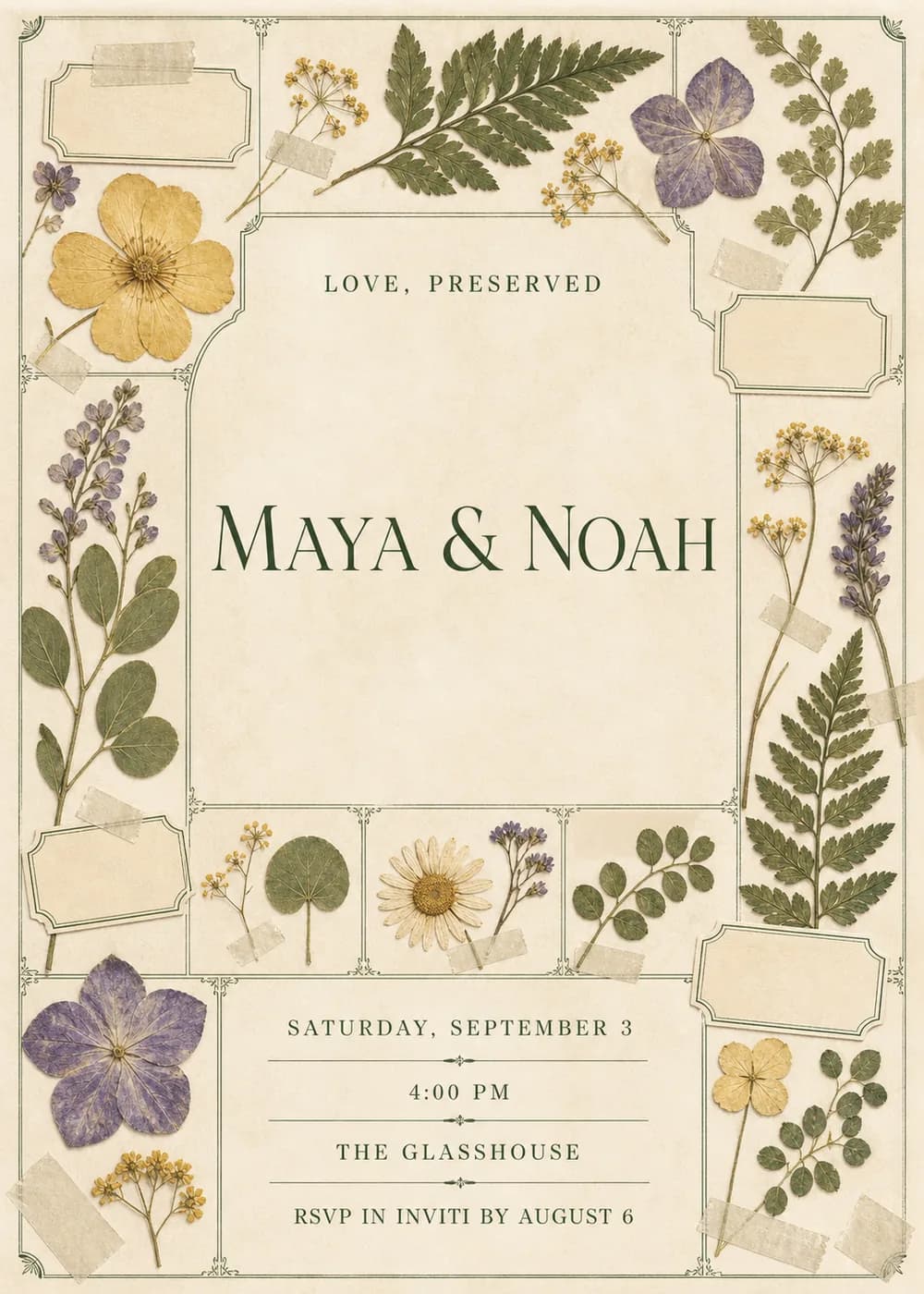 Pressed flower wedding invitation with taped pressed ferns, yellow and lavender flowers and small herbarium labels framing a cream panel