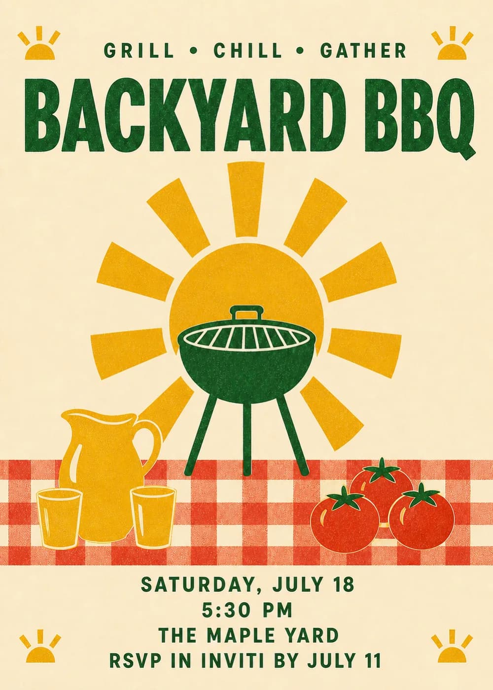 Backyard BBQ invitation in retro screenprint style with a pine-green kettle grill in front of a large golden sun, a yellow lemonade pitcher with two glasses and three red tomatoes on a red-and-cream gingham band, and small half-suns in the corners