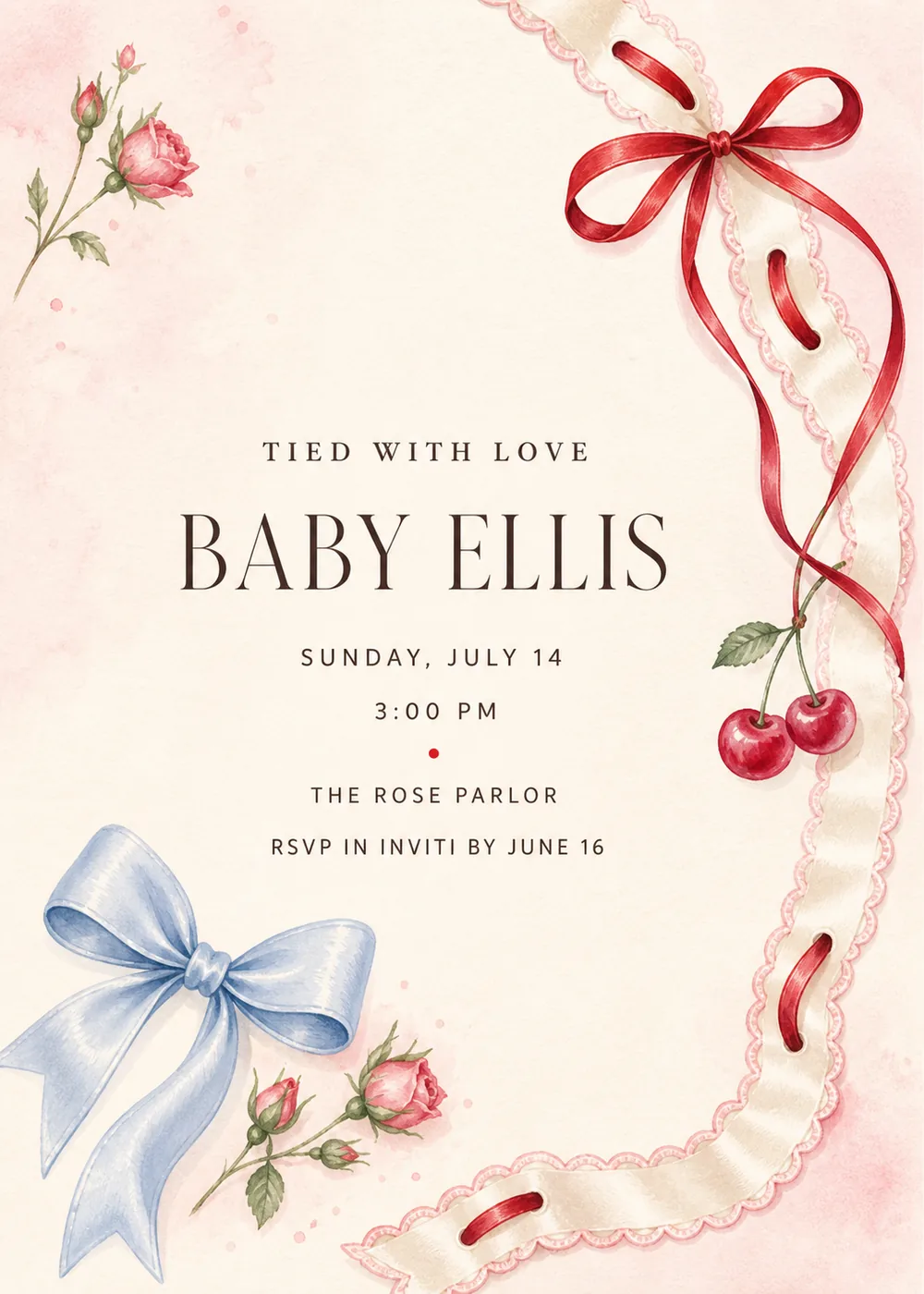 Tied with Love baby shower invitation with a cherry-red ribbon threaded through lace, pink rosebuds, cherries and a pale blue satin bow on cream