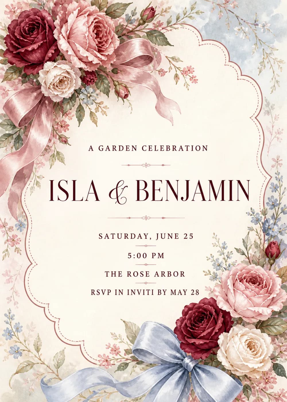 Garden wedding invitation with blush and burgundy rose bouquets, a pink satin ribbon and a pale blue bow around a scalloped cream panel