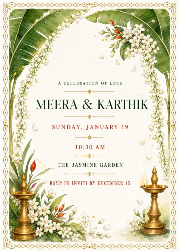 South Indian floral wedding invitation in marigold and jewel tones