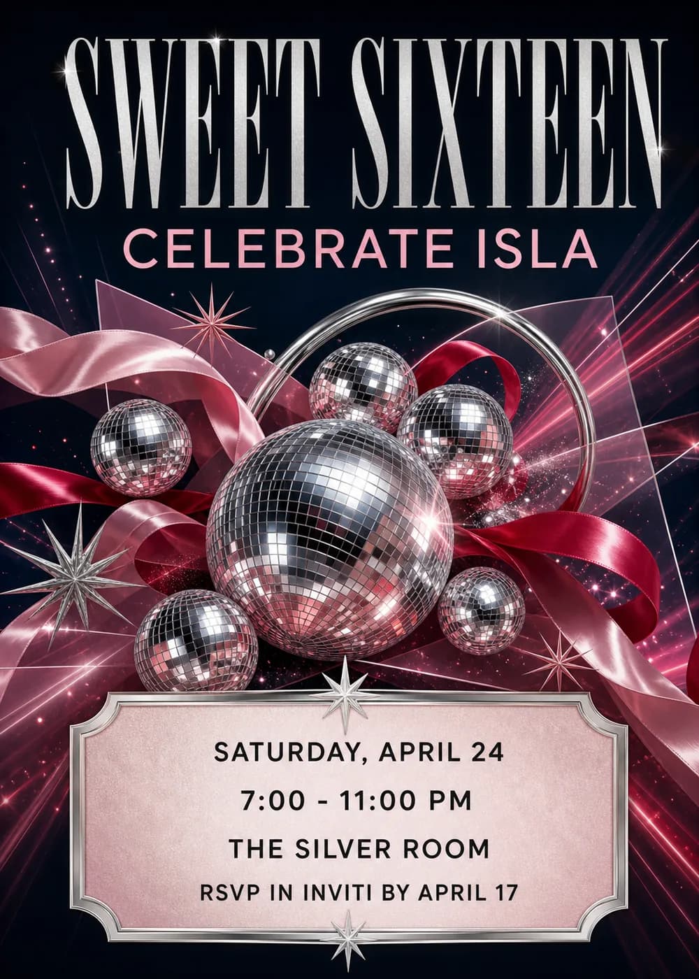 Sweet Sixteen invitation with a tall silver serif headline and a pink name above a cluster of mirrored disco balls in front of a thin chrome ring, wrapped in blush-pink and cherry-red satin ribbons with silver starbursts and pink light rays on midnight black, and the party details on a silver-framed blush plaque