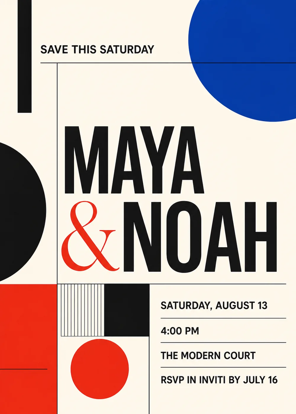 Swiss modernist wedding invitation with oversized black condensed lettering, a cobalt circle, a black semicircle, red accents, a striped block and fine grid rules on cream