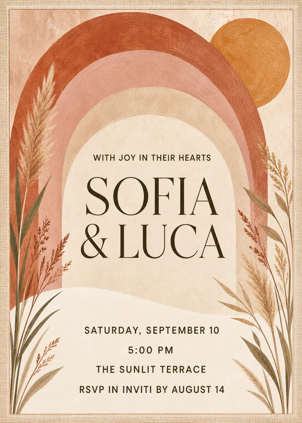 Boho terracotta wedding invitation with nested rust and blush arches, an ochre sun and pampas grasses around the couple's names
