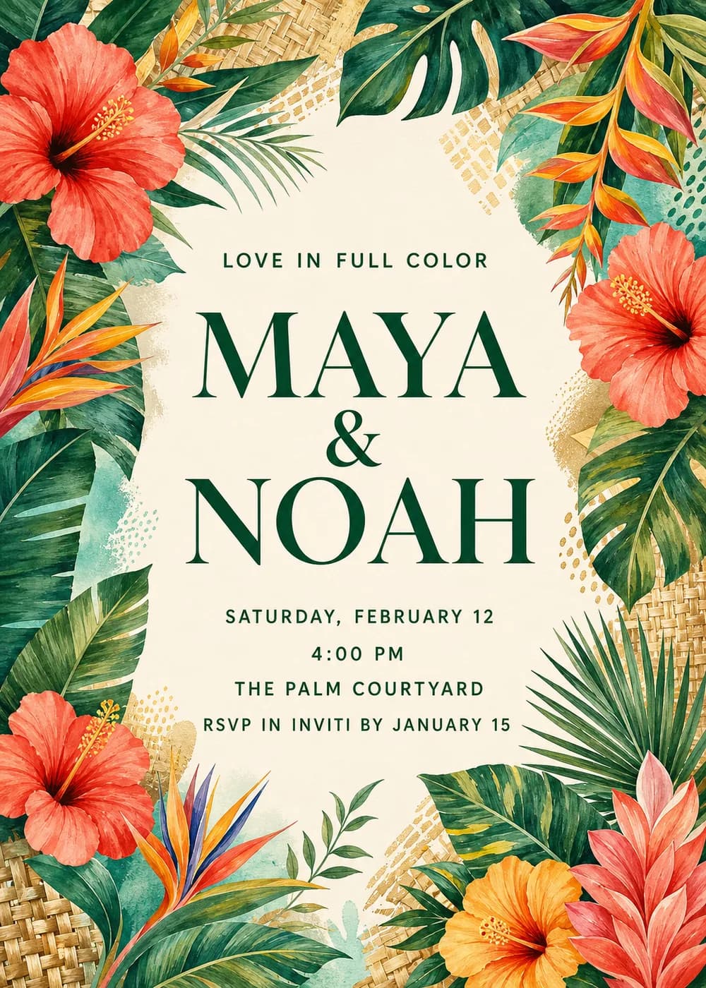 Tropical wedding invitation with coral hibiscus, bird-of-paradise flowers, monstera leaves, palm fronds and woven cane texture around big dark green names