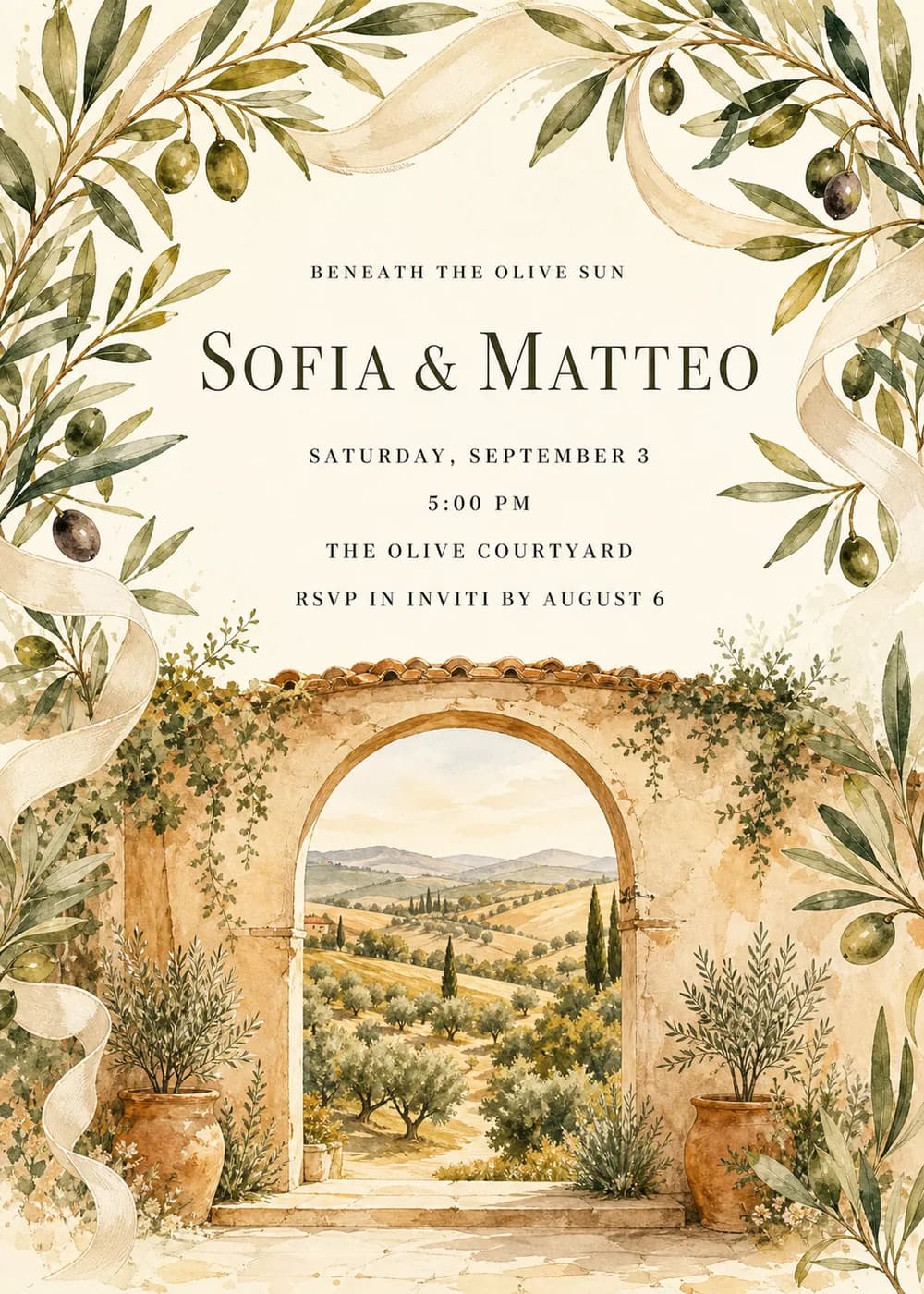 Tuscan wedding invitation in warm watercolor with olive branches and a champagne ribbon framing the names, above a tile-topped arch that opens onto rolling hills, olive groves and cypress trees, with potted rosemary on either side