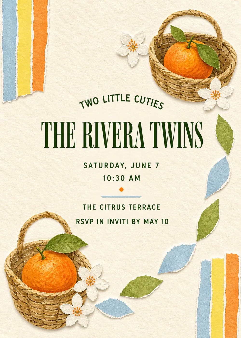 Two Little Cuties twin baby shower invitation with two oranges in woven baskets, white citrus blossoms and torn blue, yellow and orange paper strips