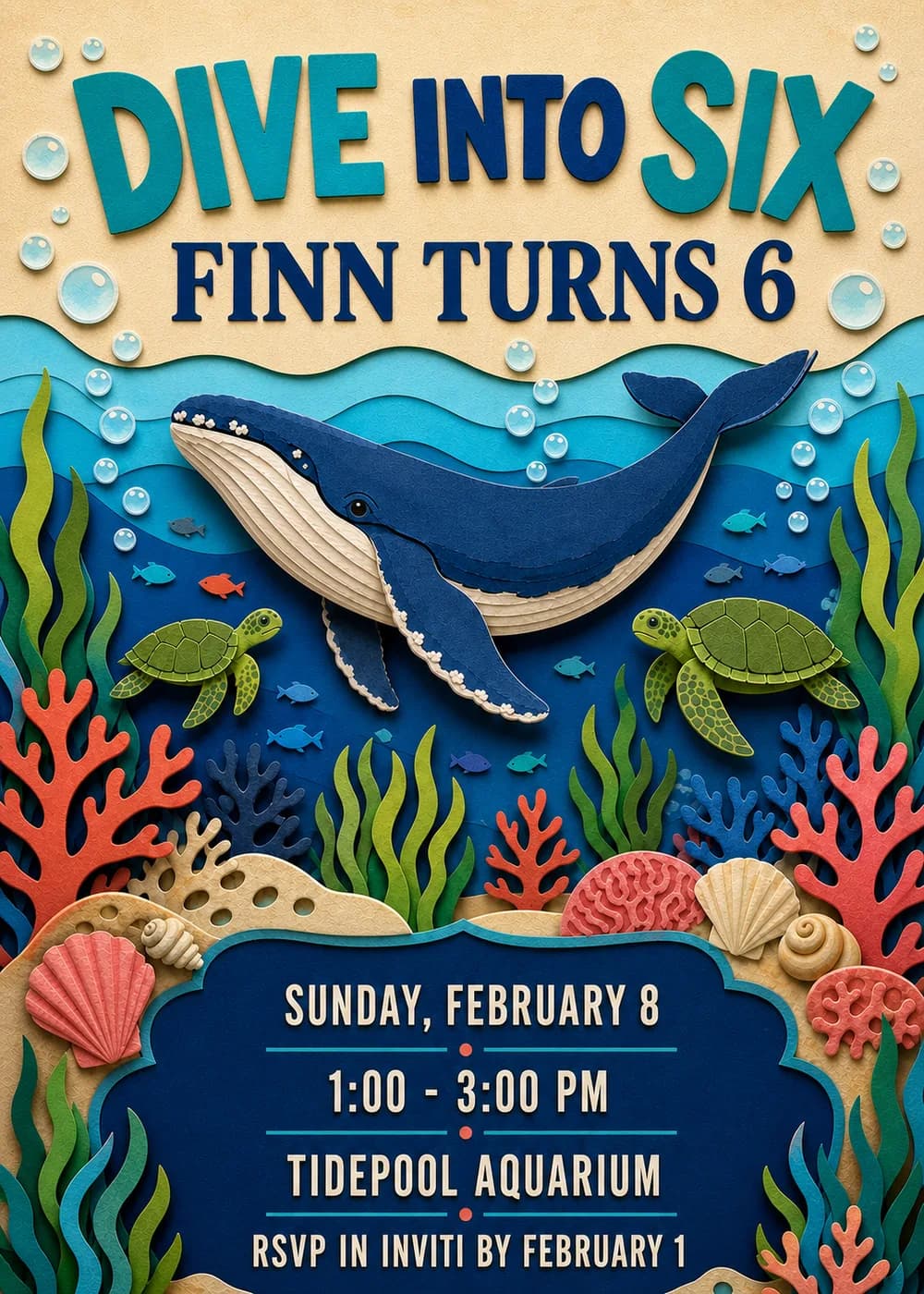 Dive Into Six ocean birthday invitation with turquoise and cobalt cut-out lettering above a layered craft-style blue whale, two green sea turtles, small fish and rising bubbles over a reef of coral, seagrass and shells, with the party details in a navy plaque