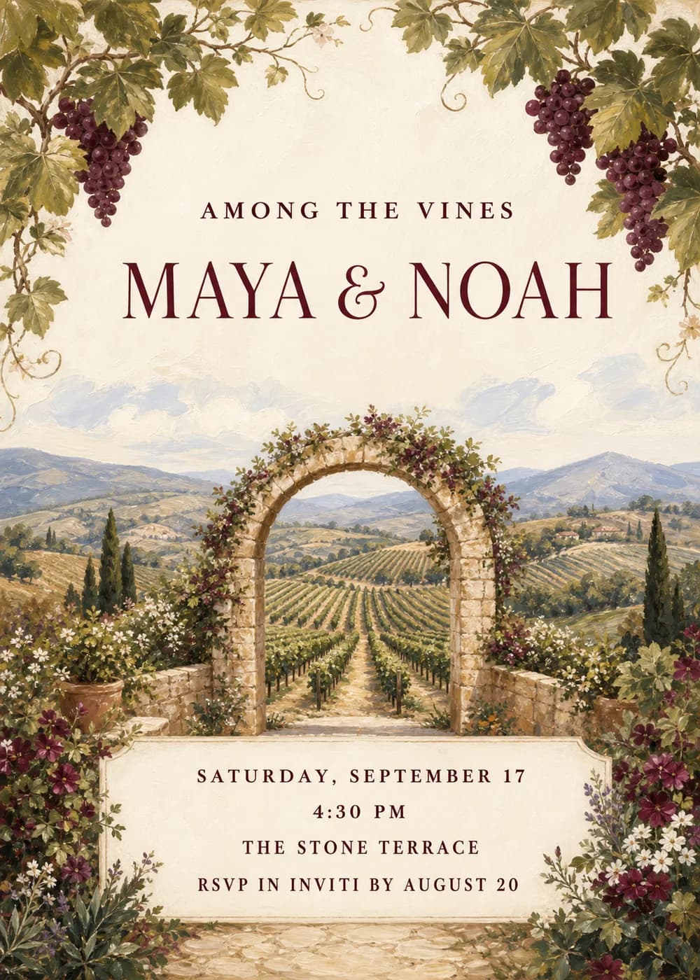 Vineyard wedding invitation with hanging grapevines, a flower-covered stone arch opening onto vineyard rows, rolling hills and cypress trees