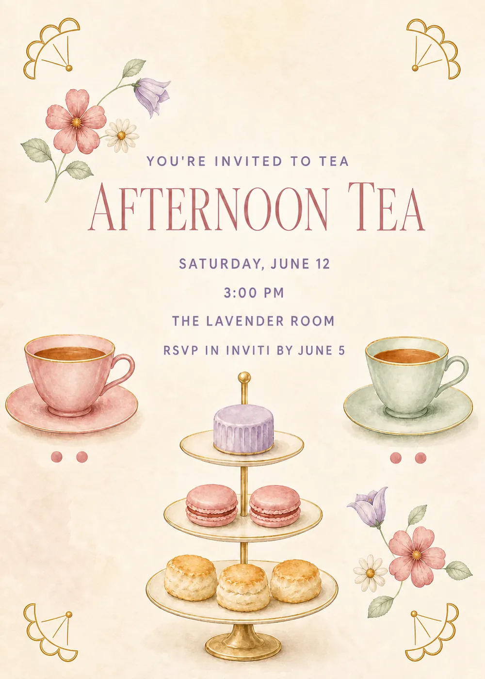 Afternoon tea invitation in vintage watercolor with a pink teacup and a mint teacup, a three-tier gold stand holding a lavender cake, pink macarons and scones, coral flower sprays and gold fan ornaments in the corners on warm ivory paper