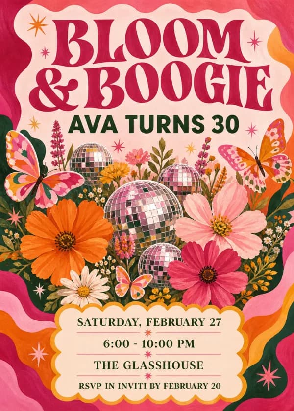 Wildflower disco thirtieth birthday invitation