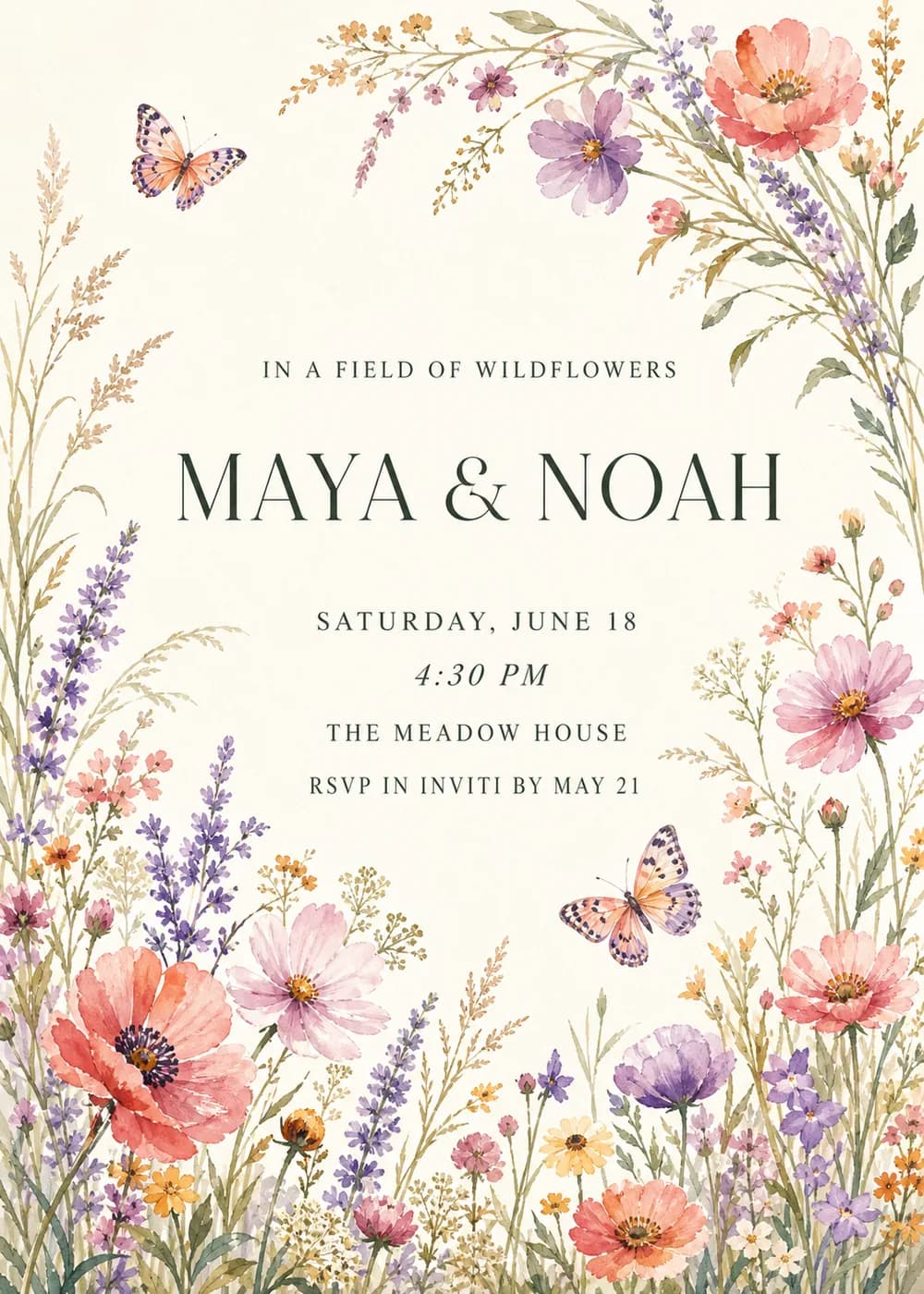 Wedding invitation with loose watercolor coral poppies, pink and lilac cosmos, lavender, amber blooms and meadow grasses framing open ivory space, two peach butterflies and dark-green serif lettering