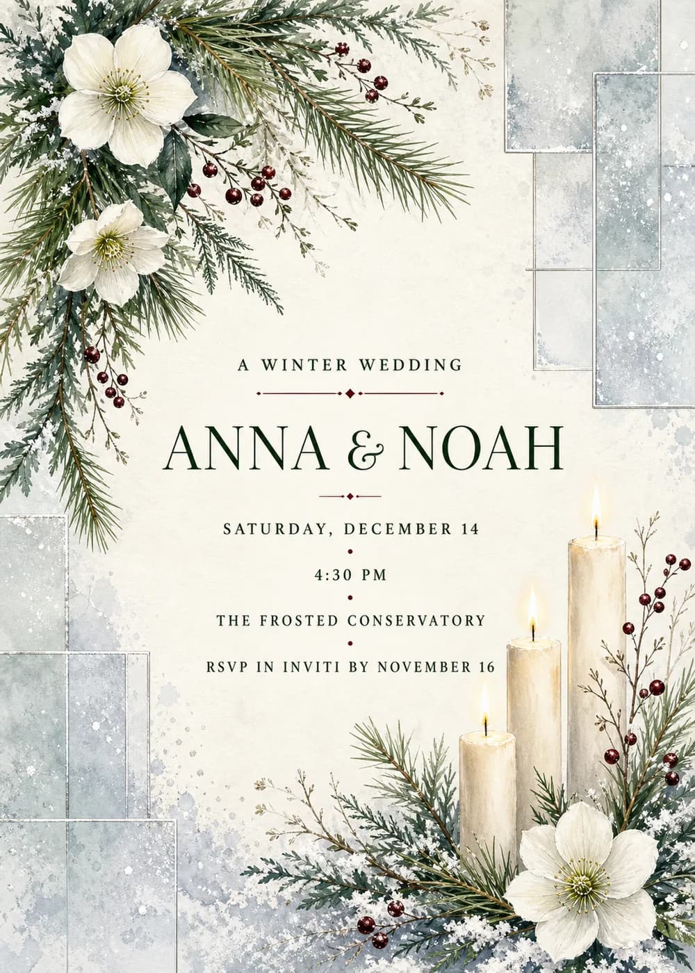 Winter wedding invitation with evergreen boughs, white hellebore flowers, dark berries, glowing ivory candles and frosted glass panes