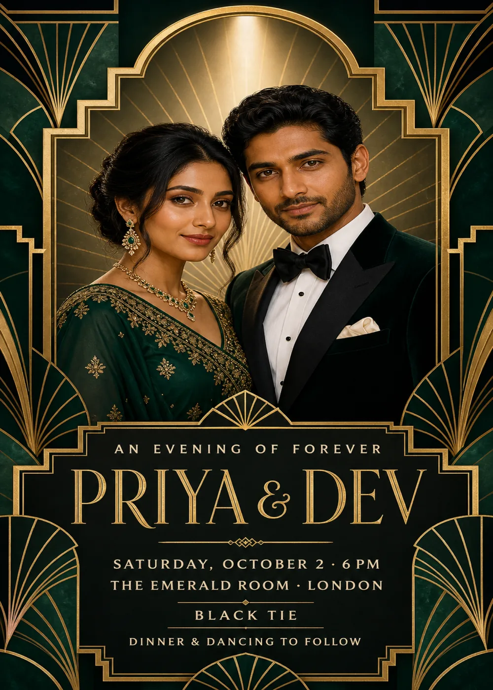 Art Deco wedding invitation with a sample portrait of a couple in evening wear under a beam of light inside a stepped gold arch, gold fan motifs on emerald marble around it, and “Priya & Dev” in tall gold serif capitals on a black plaque with the details below