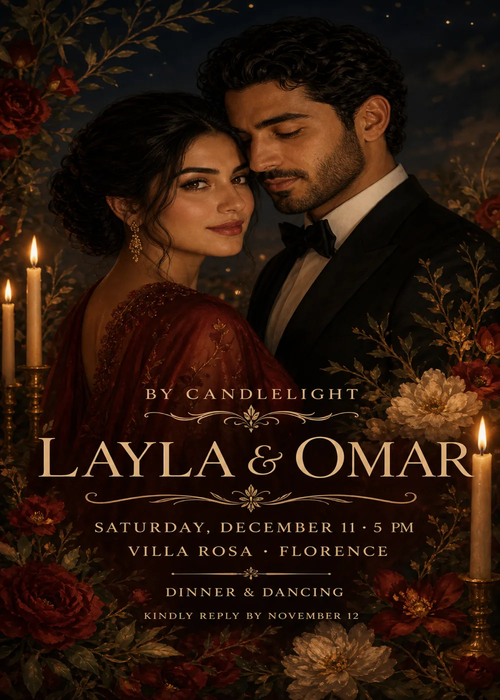 Candlelit wedding invitation with a sample portrait of a couple against a dark night sky, a woman in a wine-red gown glancing back over her shoulder and a man in a black tuxedo resting his head against hers, framed by lit taper candles in brass candlesticks, burgundy roses and cream peonies, with “Layla & Omar” in large gold-ivory serif capitals between filigree rules above the details