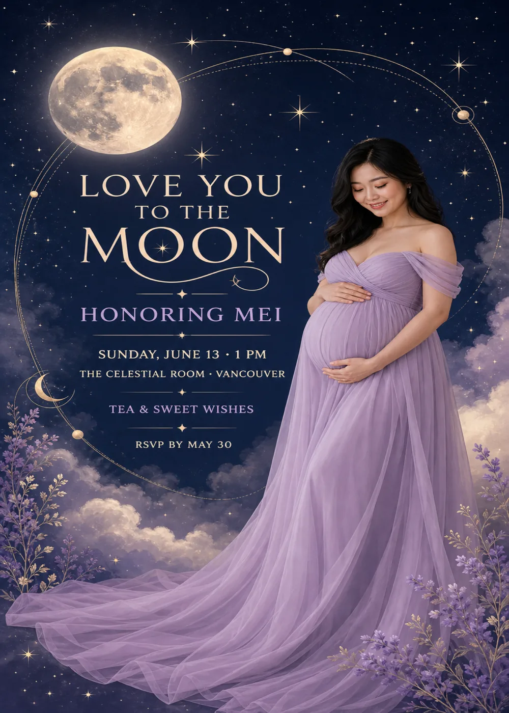 Celestial baby shower invitation with a sample portrait of a parent-to-be in an off-the-shoulder lilac gown, hands resting on the bump, beside a painted full moon and fine gold orbit lines on a starry navy sky, with “Love you to the moon” in cream serif capitals above the details and mauve clouds and lavender sprigs along the bottom