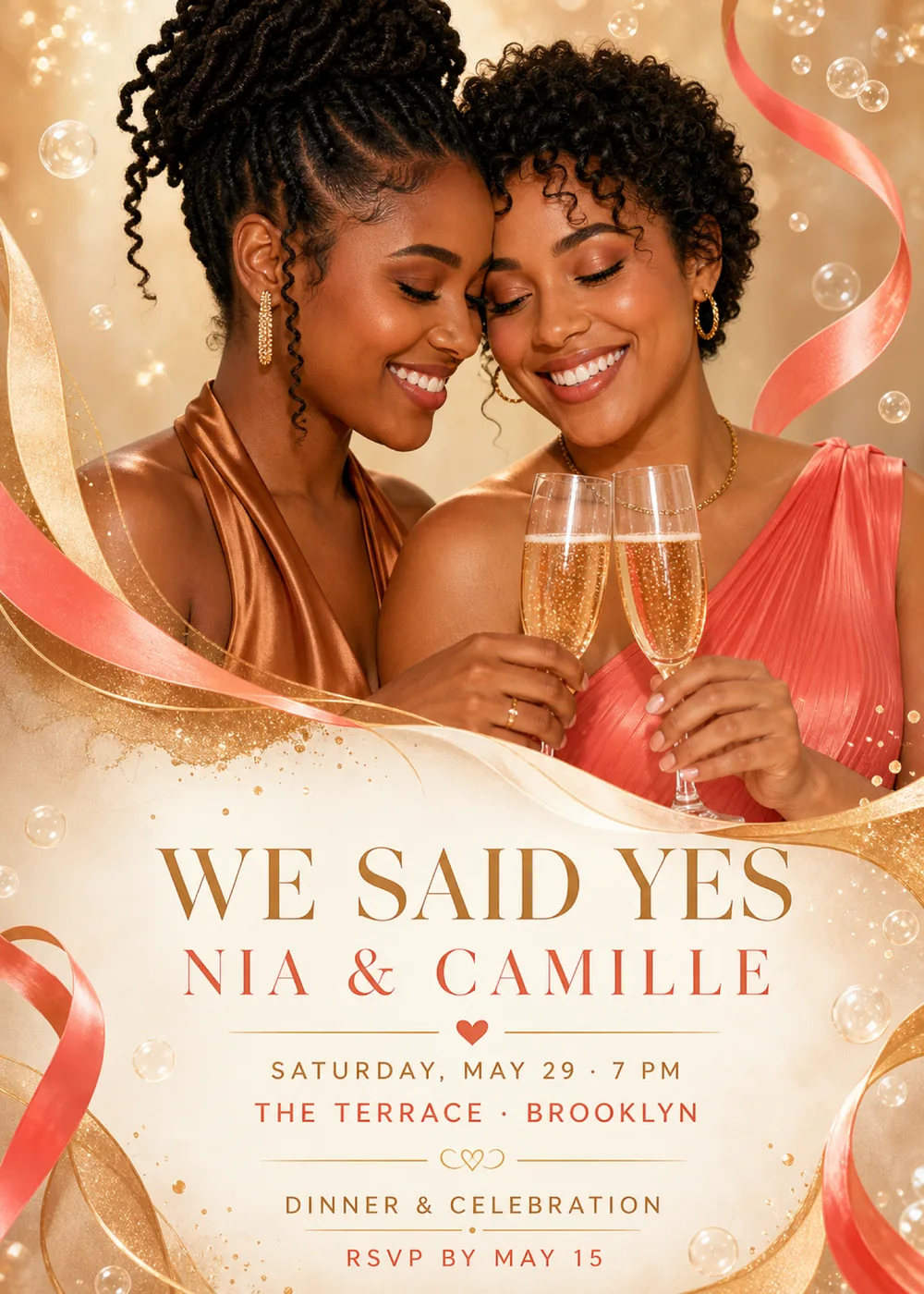 We Said Yes engagement party invitation with a sample portrait of a couple leaning forehead to forehead and touching champagne flutes together, one in a copper satin halter and one in a pleated coral one-shoulder dress, in a warm golden glow with floating bubbles and coral and gold ribbons, above a cream panel with “We Said Yes” in bronze serif capitals, “Nia & Camille” in coral and the details below