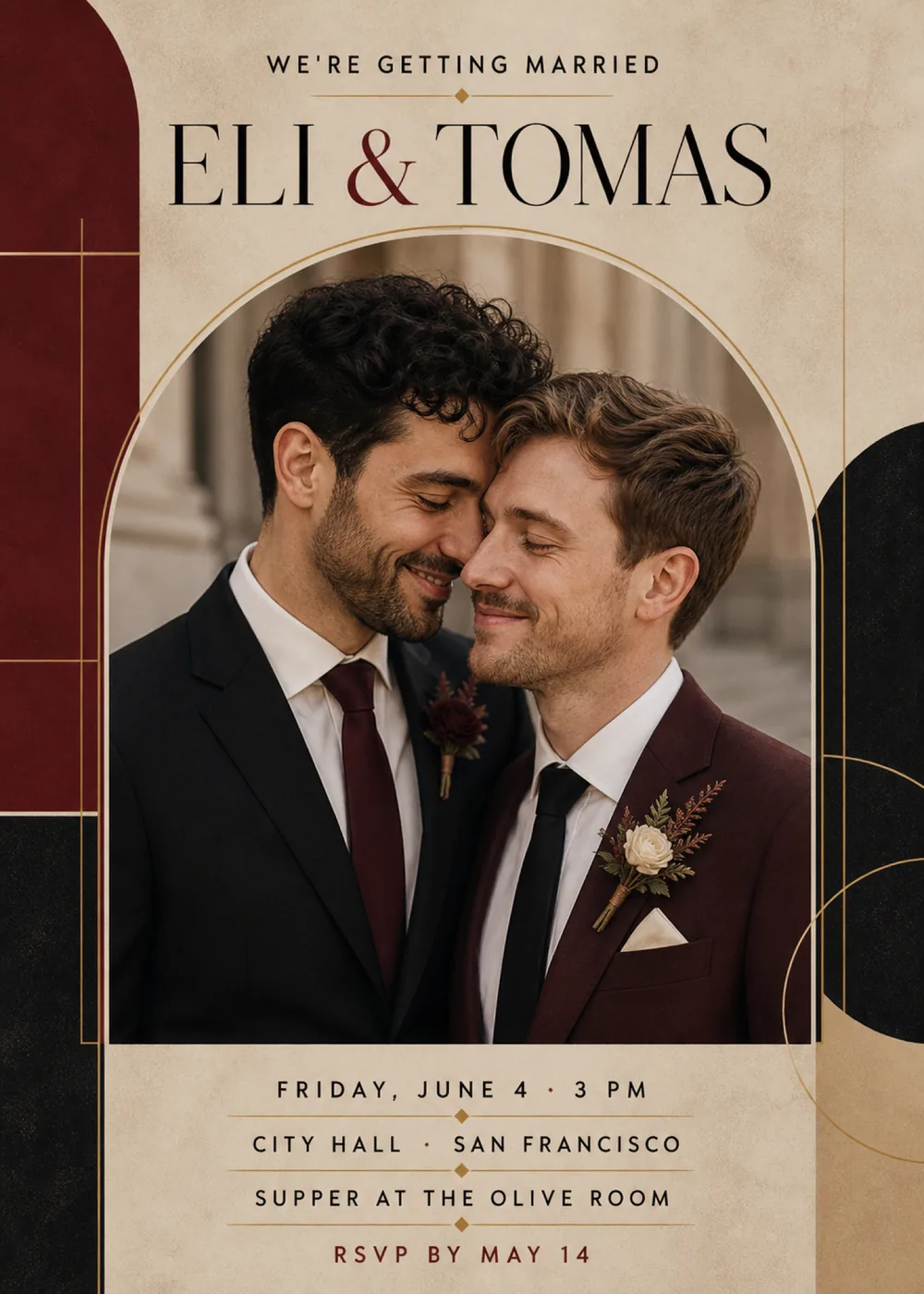 City hall wedding invitation on warm beige paper with “We're getting married” and “Eli & Tomas” in black serif capitals above a round-topped, gold-lined window holding a sample portrait of two men in dark suits leaning forehead to forehead, burgundy and black color blocks with fine gold lines along both edges, and the ceremony and supper details in spaced capitals between thin gold rules