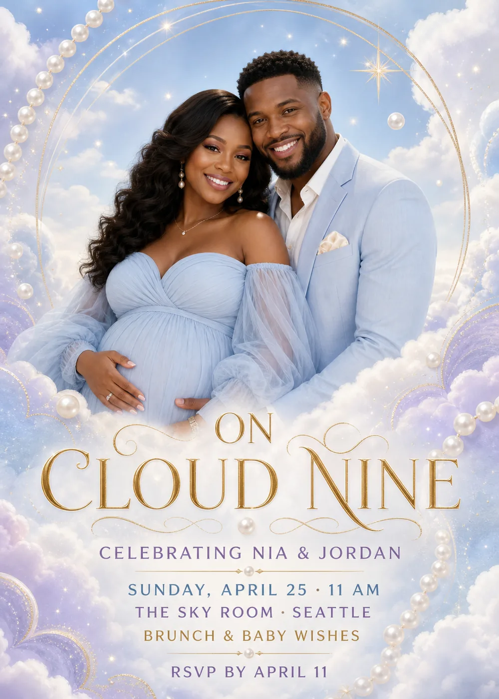 Cloud nine baby shower invitation with a sample portrait of an expecting couple dressed in pale blue, heads tilted together as she cradles her bump, inside a fine gold ring on a powder-blue sky, with lilac and white clouds, strands of pearls, a gold star and “On Cloud Nine” in gold serif capitals above the details in purple, blue and gold