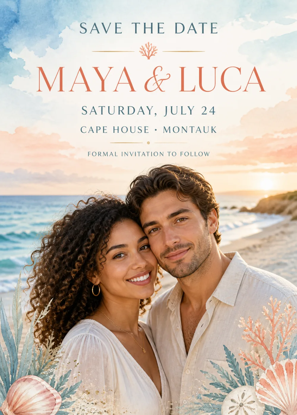 Wedding save the date with “Maya & Luca” in large coral capitals under a blue and peach watercolor sky, above a sample photo of a smiling couple leaning their heads together on a beach with the sun low over the sea, and watercolor shells, coral and blue-green fronds in the lower corners