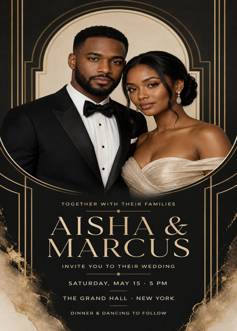 Black tie wedding invitation with a sample portrait of a couple in a tuxedo and an off-the-shoulder champagne gown, framed by a stepped Art Deco arch of fine champagne-gold lines on matte black, with “Aisha & Marcus” in large cream serif capitals between gold rules, the details below and drifts of cream and gold at the lower corners