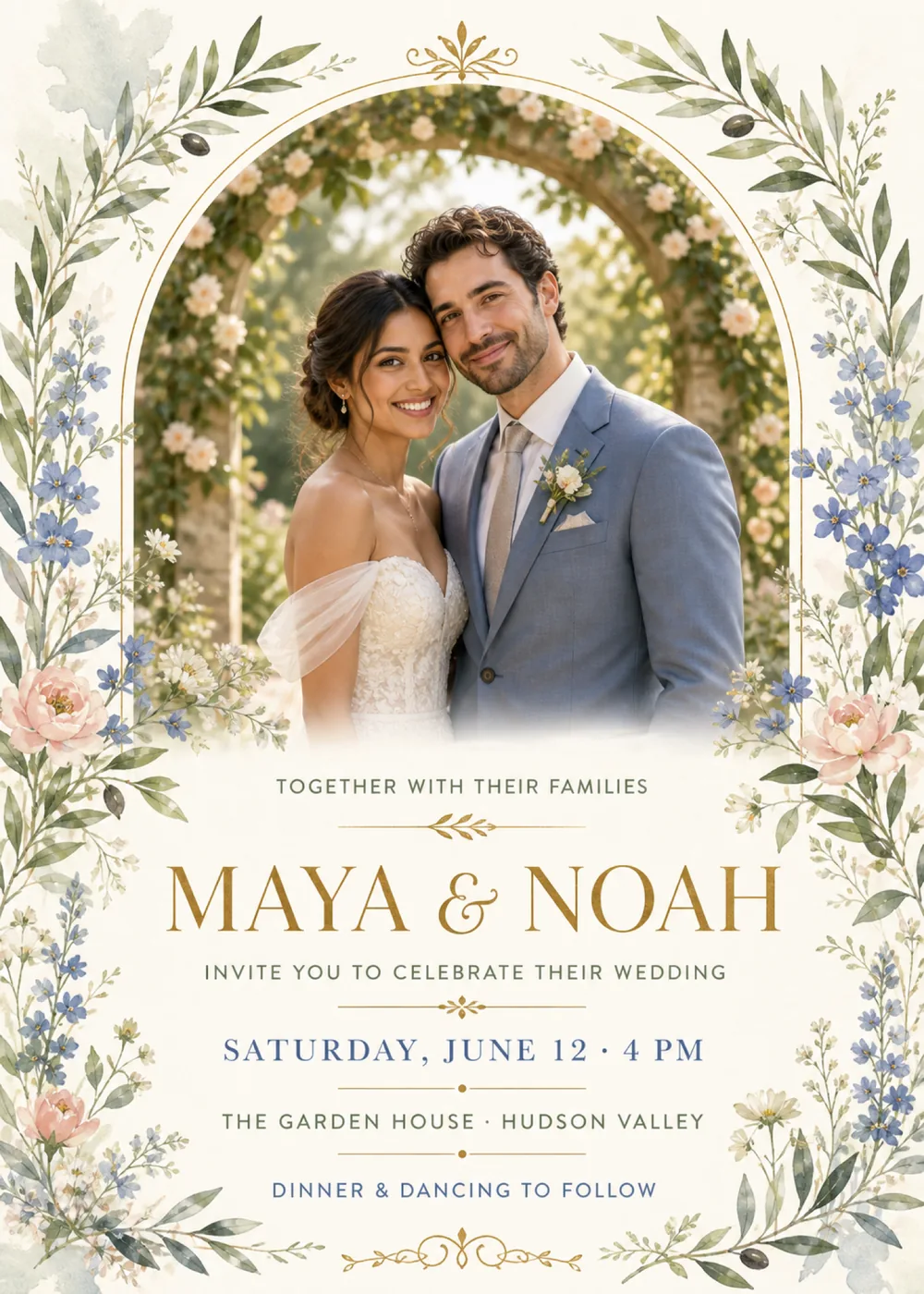 Garden wedding invitation with a sample portrait of a couple, heads leaning together in front of a rose-covered stone arch, inside a round-topped gold arch on ivory paper, watercolor olive branches, small blue flowers and blush blooms down both sides, and “Maya & Noah” in large gold serif capitals above the details in blue and sage